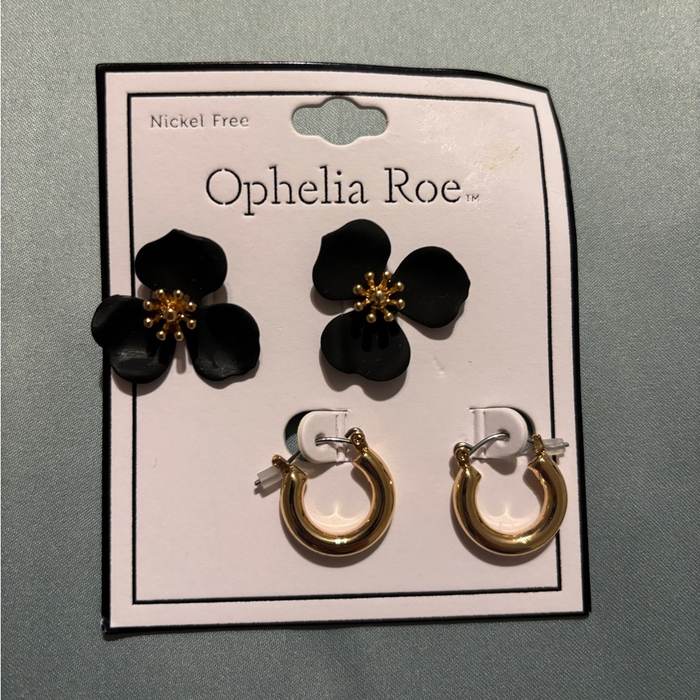 Ophelia Roe 2 Pair Set Black Floral Studs + Gold Hoop Earrings